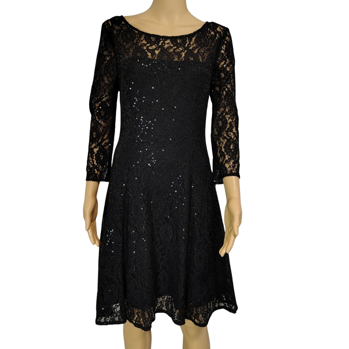 SLNY Black Sequined Illusion Lace Back Keyhole Fit Flare Knee Length Dress SZ 8