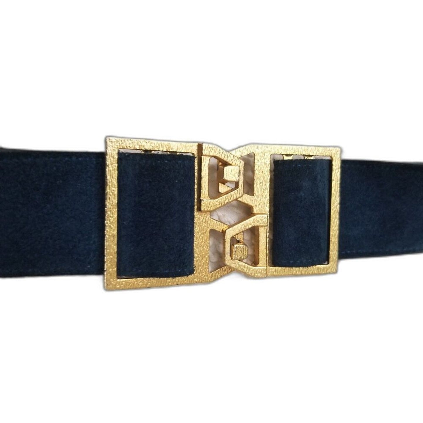 Vintage Big Gold Interlocking Cut Out Buckle Wide Blue Suede Belt Adjustable