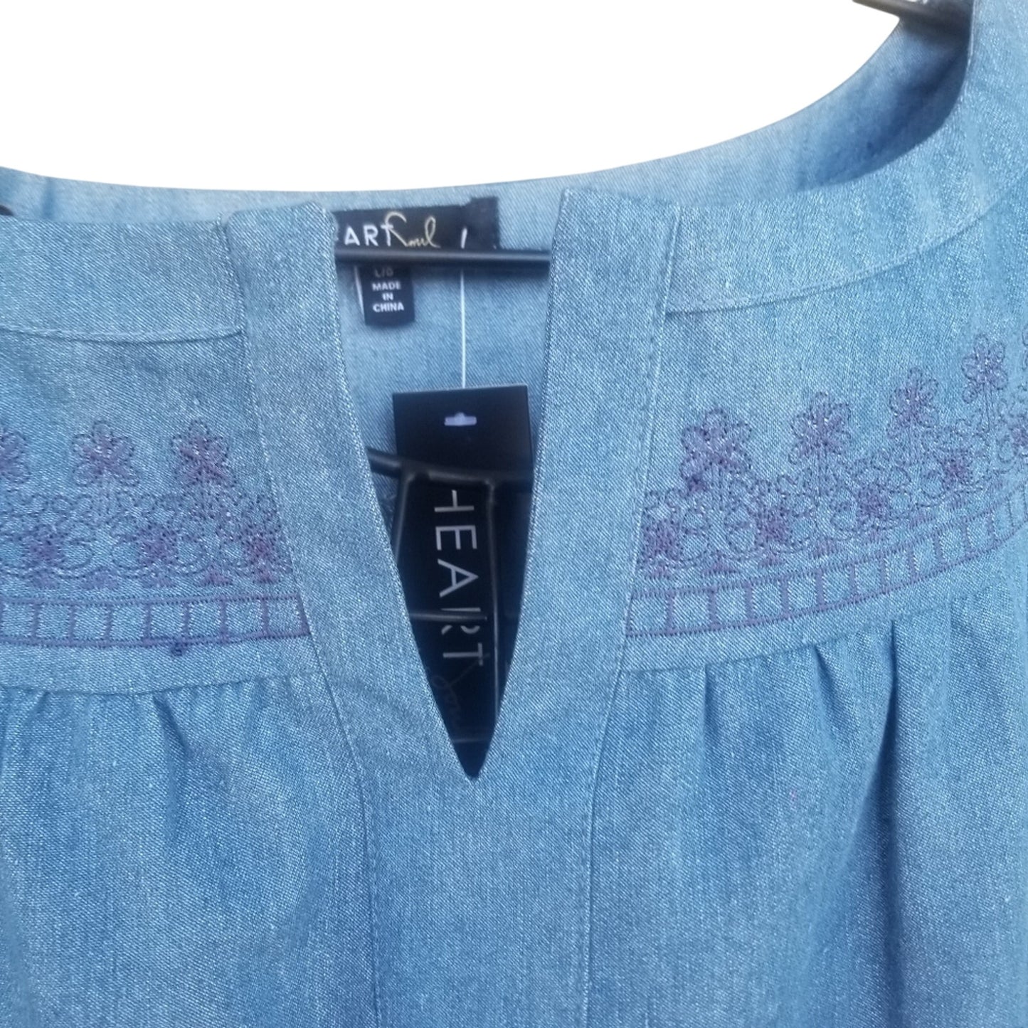 Heart Soul Embroidered Short Blue Jean Dress Cap Sleeves Lined Lace Hemline Size Large
