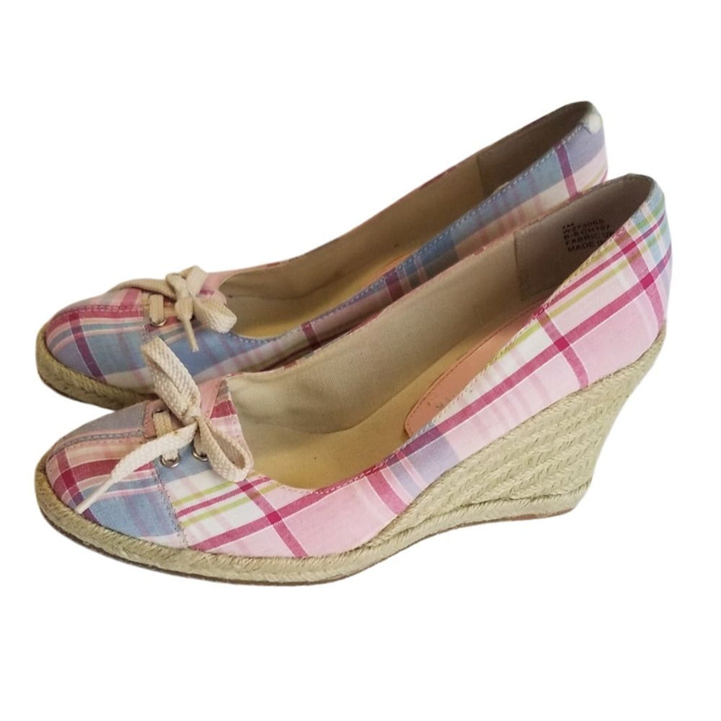 Pink Plaid Wedge High Heels with Bowtie Espadrilles Round Toe Heels Size 7
