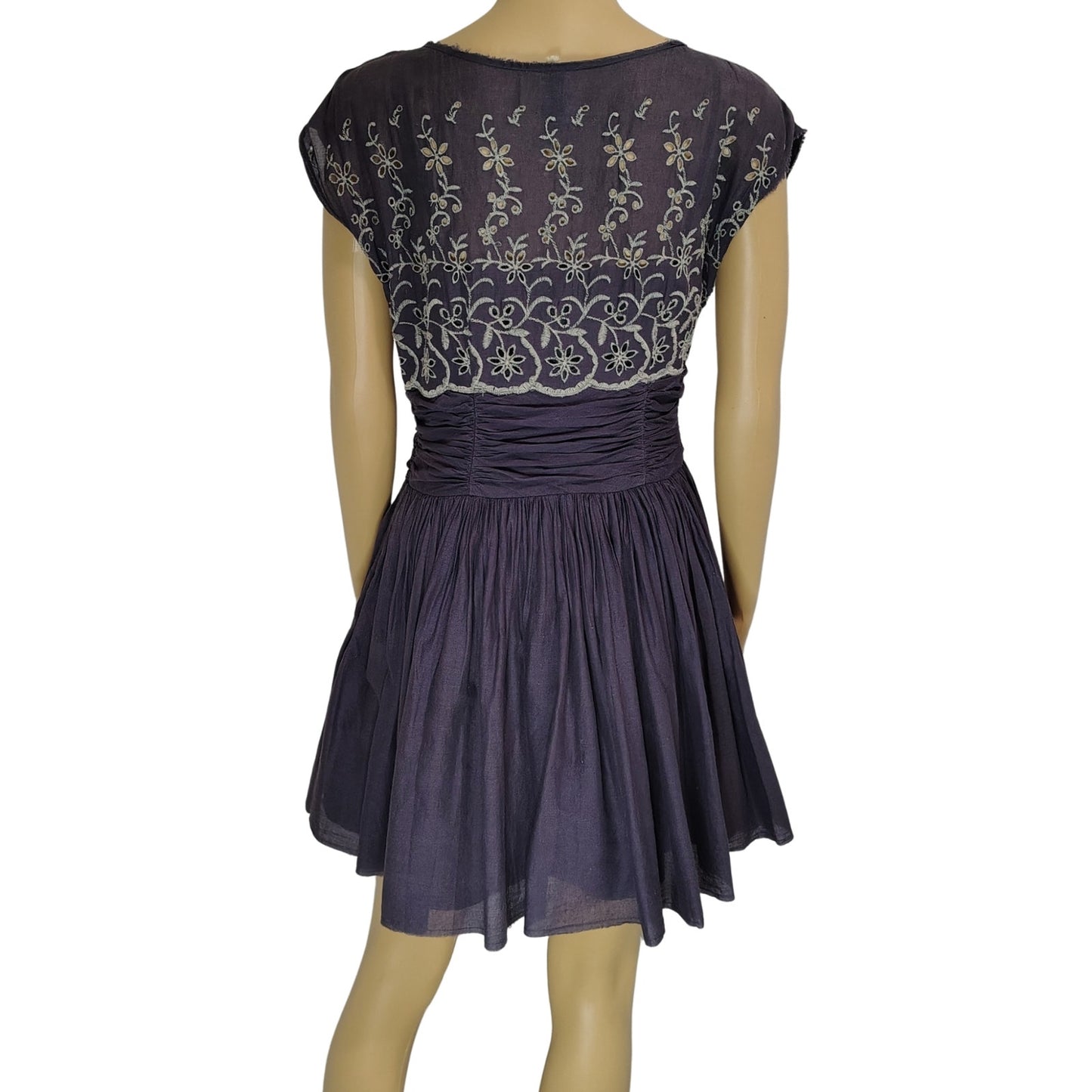 Free People Dark Purple Shirred Floral Embroidered Eyelet Dress Women's Size Small