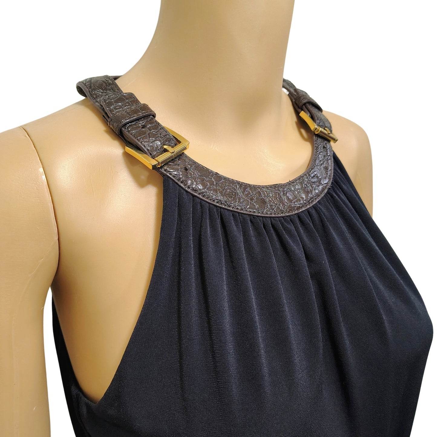 Halter Brown Leather Collar Black Bodycon Midi Dress Ruched Michael Kors SZ M