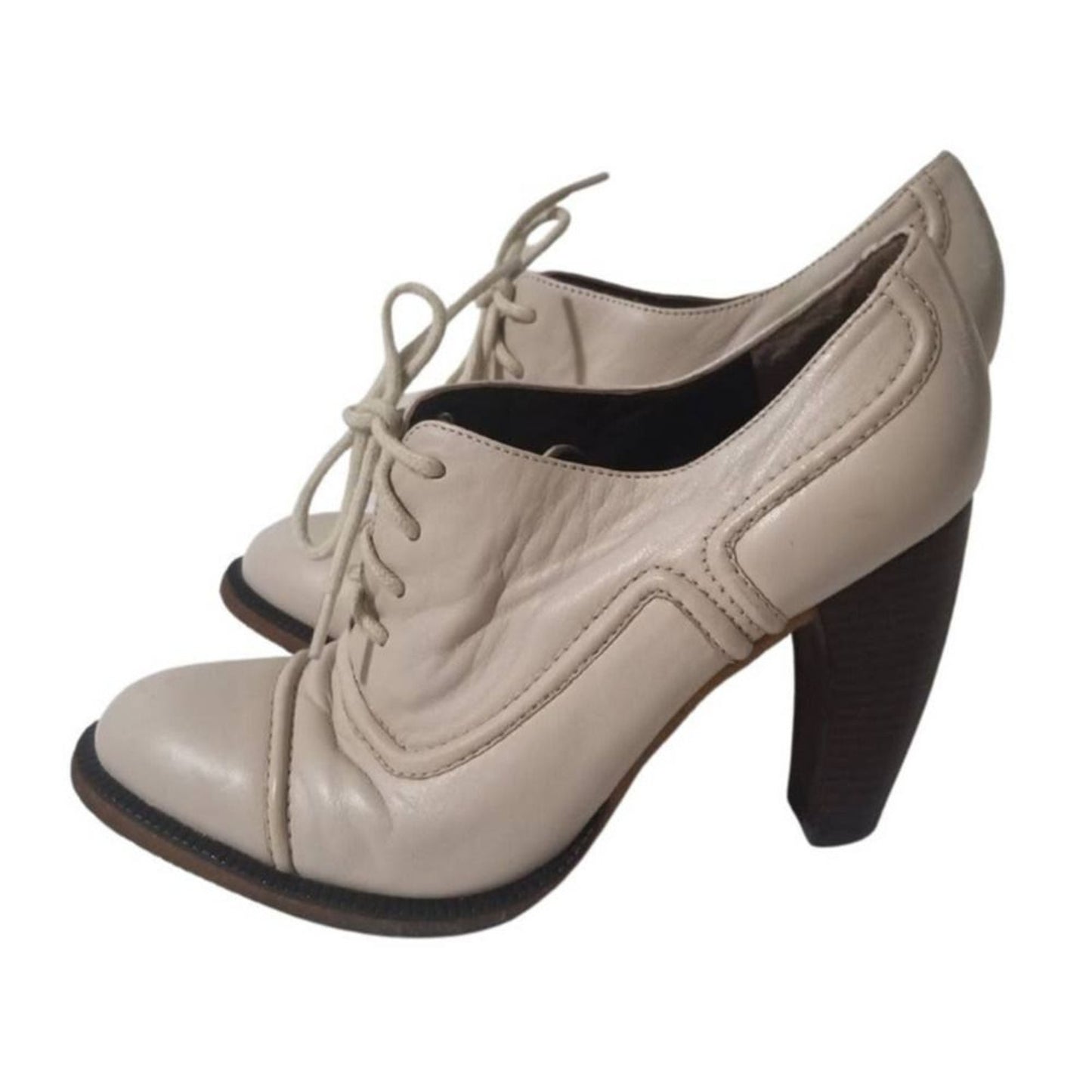 Cream Leather Platforms Booties Seam Detail Heels Round Heel Devani Size 8.5