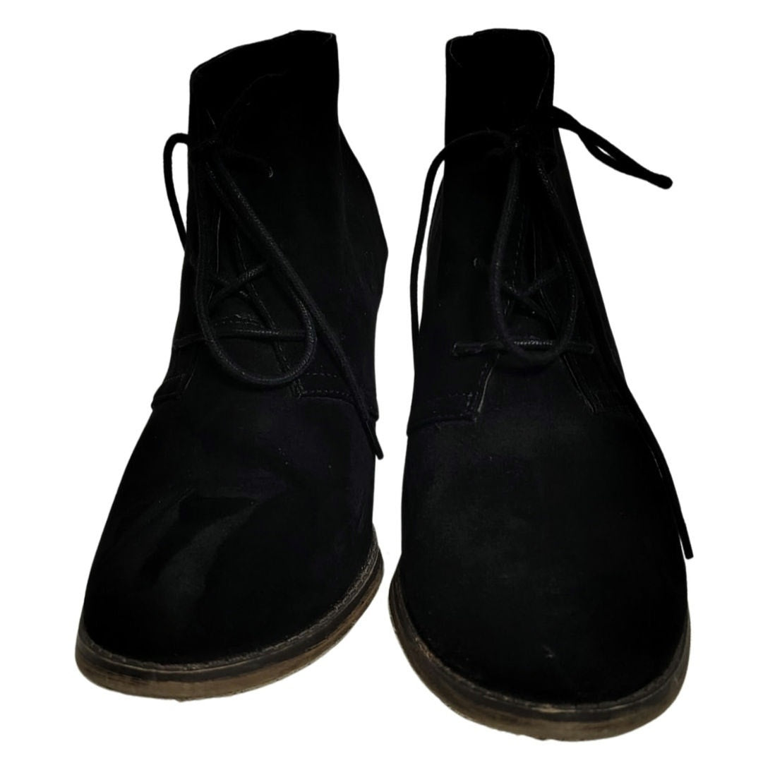 Mia Shayna Lace Up Ankle Bootie Black Faux Suede Wood Stacked Heel Size 9M Women