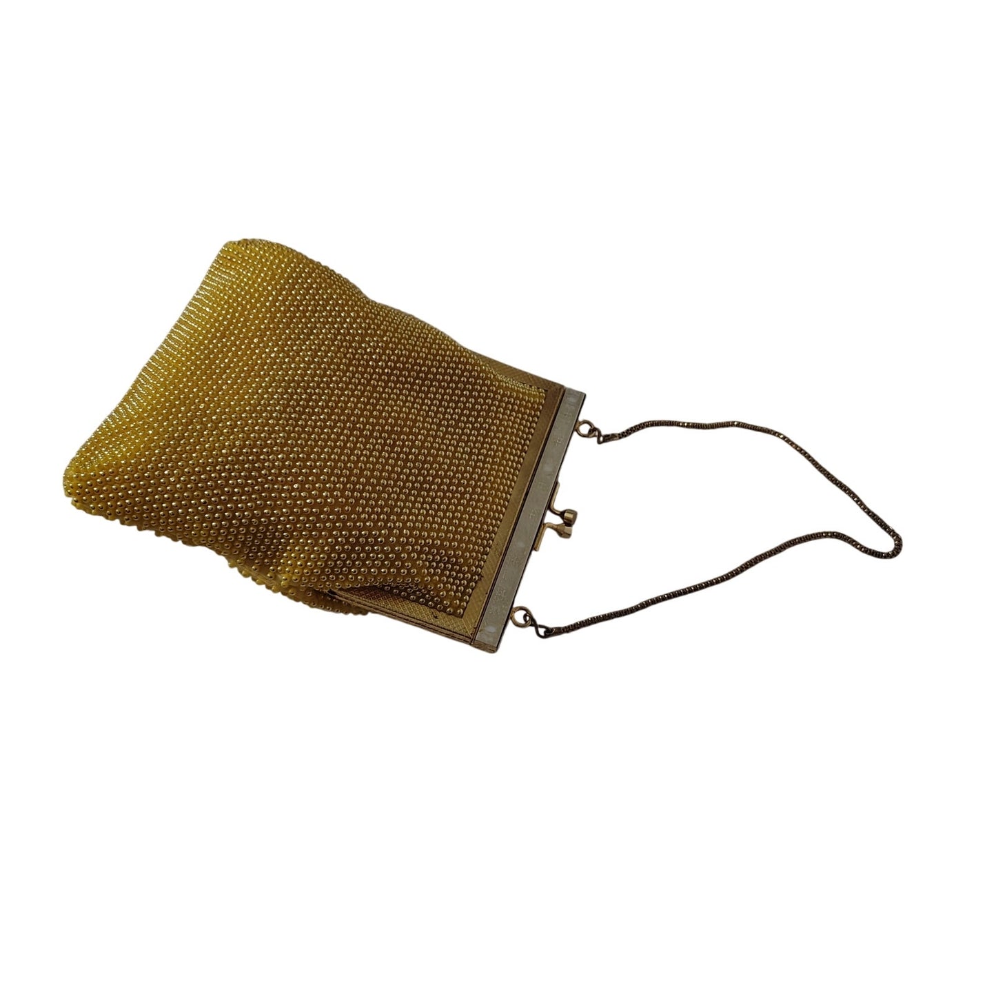 Vintage Yellow & Gold Tone Bubble Beaded Chain Handle Rectangle Evening Hand Bag