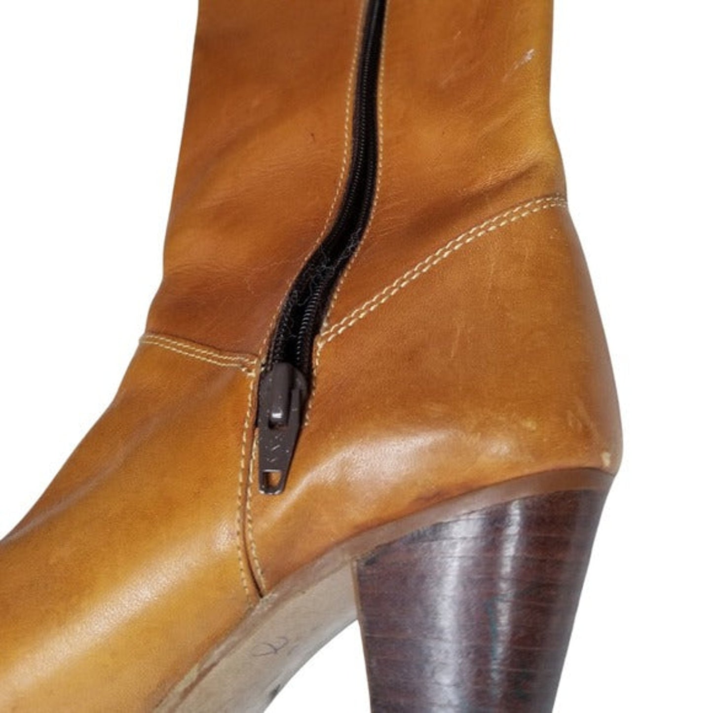 Vintage Boho Style Tall Brown Leather Knee High Heel Cowgirl Boots Size 6.5