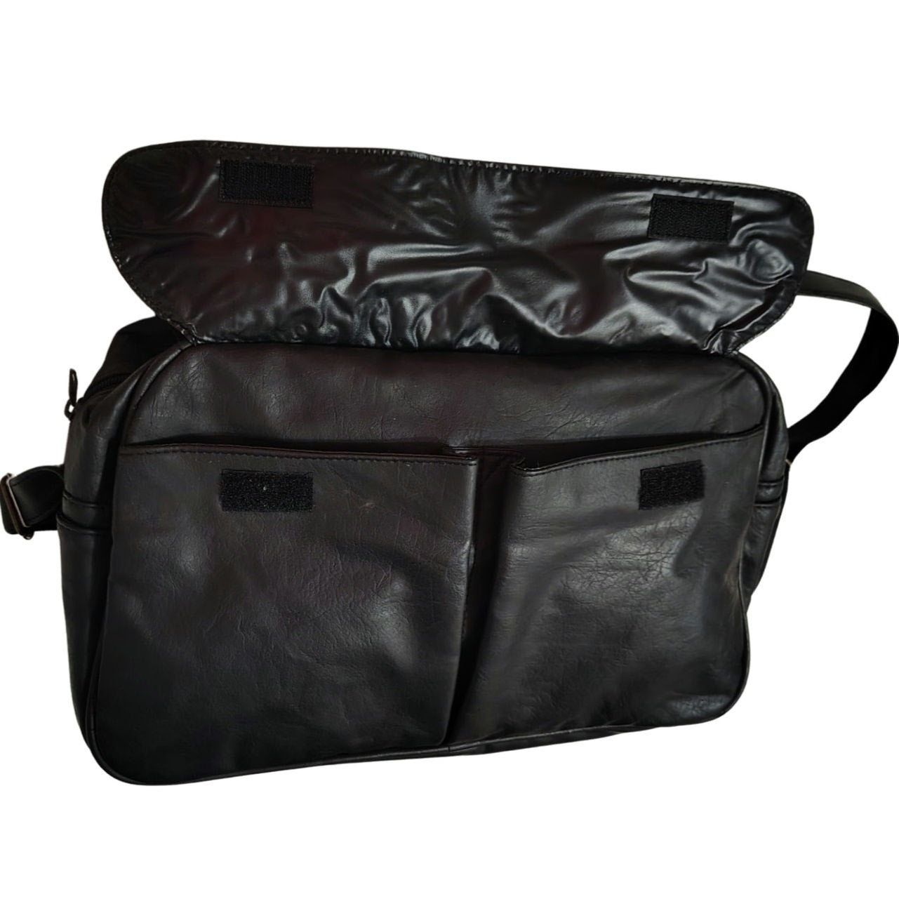 80s Black Faux Leather Crossbody Tote Medium Size Adjustable Hook Loop Closures