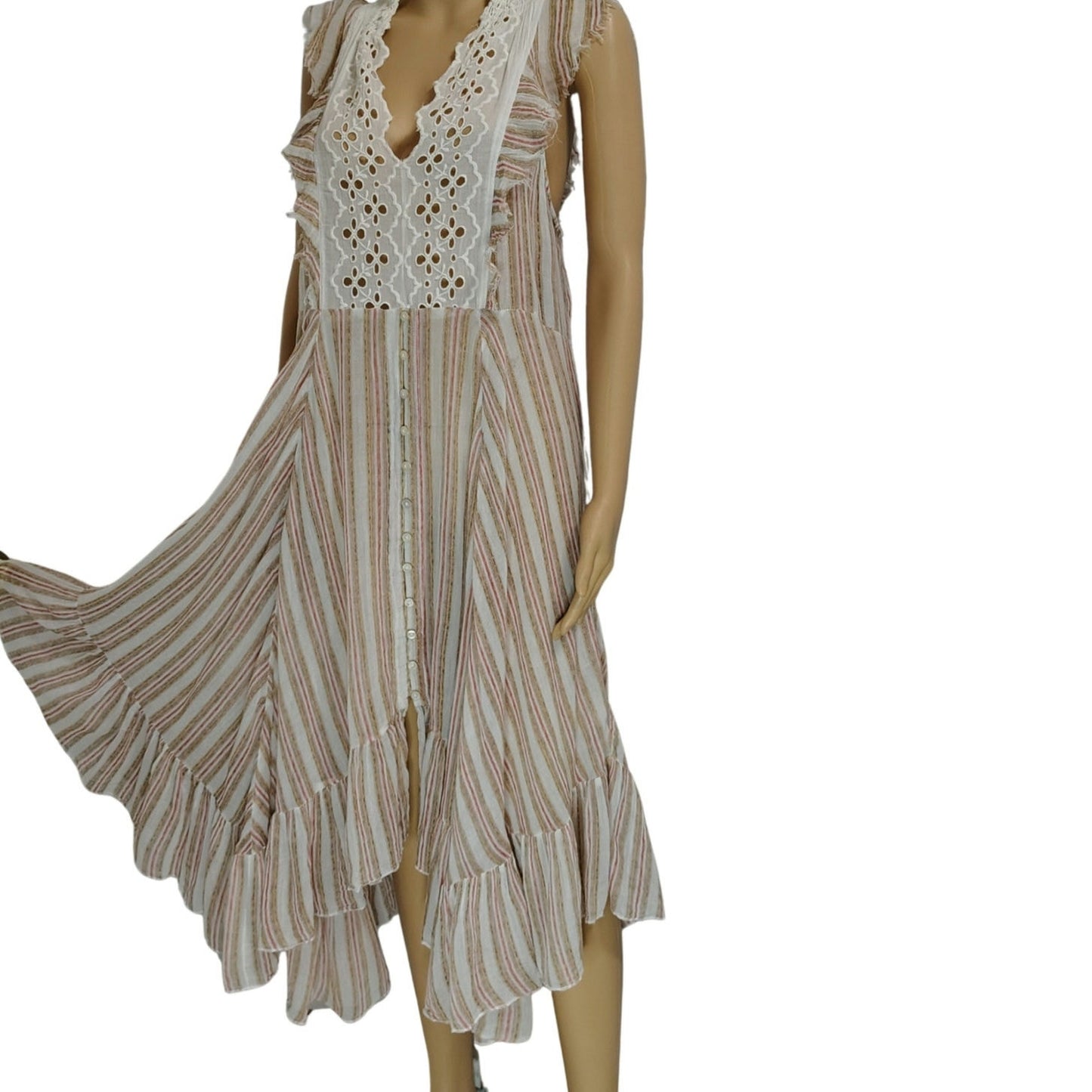 FP One Boho Brown White Flowy Caraway Stripe Sheer Uneven hem Long Dress Size Large
