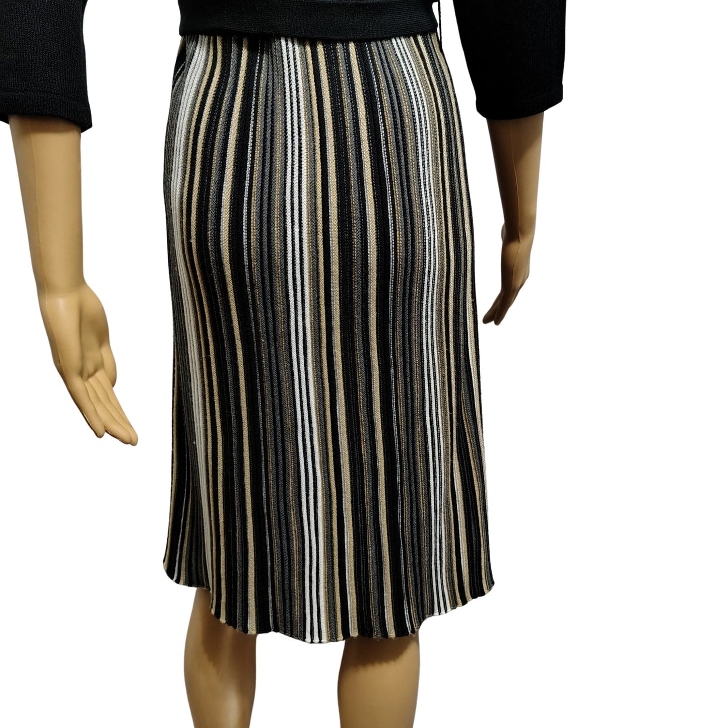Studio 1 Striped Belted Midi Knit Fit & Flare V Neck Sweater Dress Black Size M