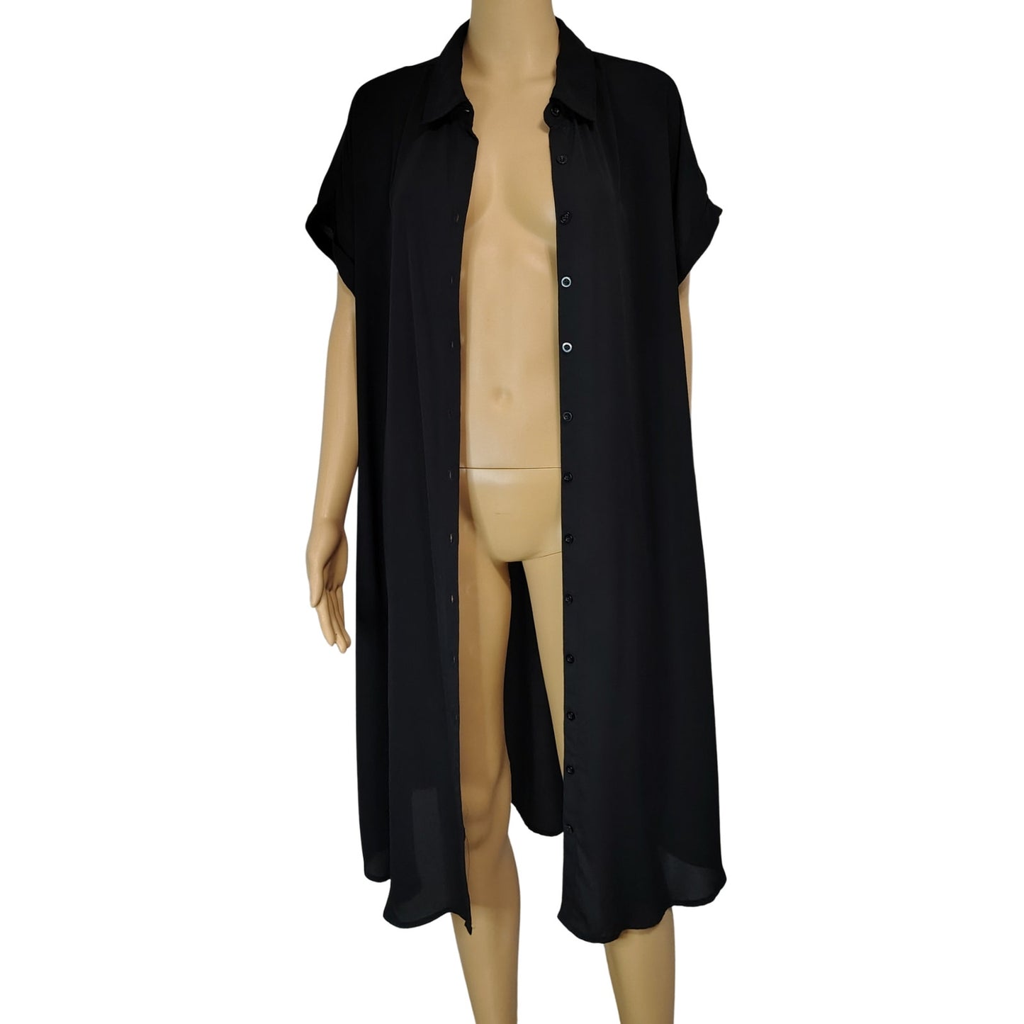 Torrid Black Button Up Shirt Tunic Fold Down Collar Folded Short Sleeves Size 1