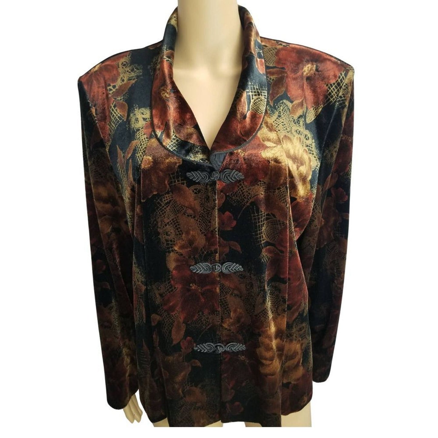 Stretch Velvet Floral Blazer Frog Closures Shoulder Pads Velour Soft Size 18