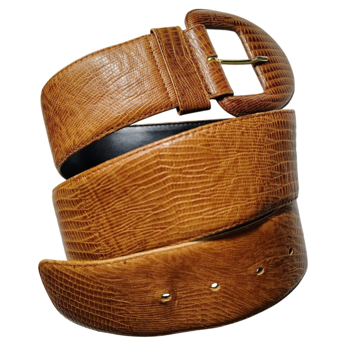 Wide Brown Crocodile Textured Leather Belt Round Belt Buckle Size Large