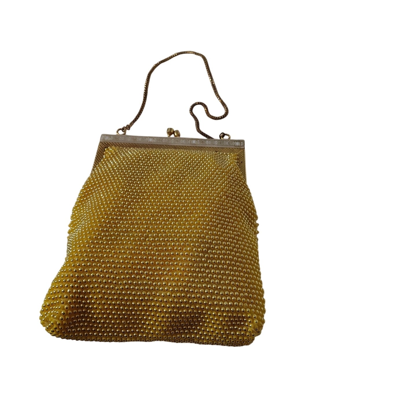 Vintage Yellow & Gold Tone Bubble Beaded Chain Handle Rectangle Evening Hand Bag