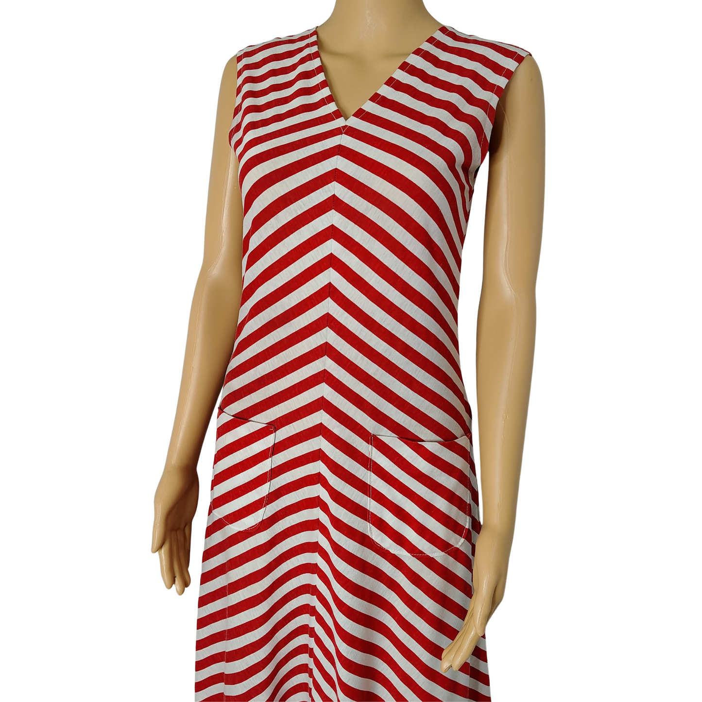 1970s Red White Bodycon Striped Fit Flare Sleeveless V Neck Dress Size Small