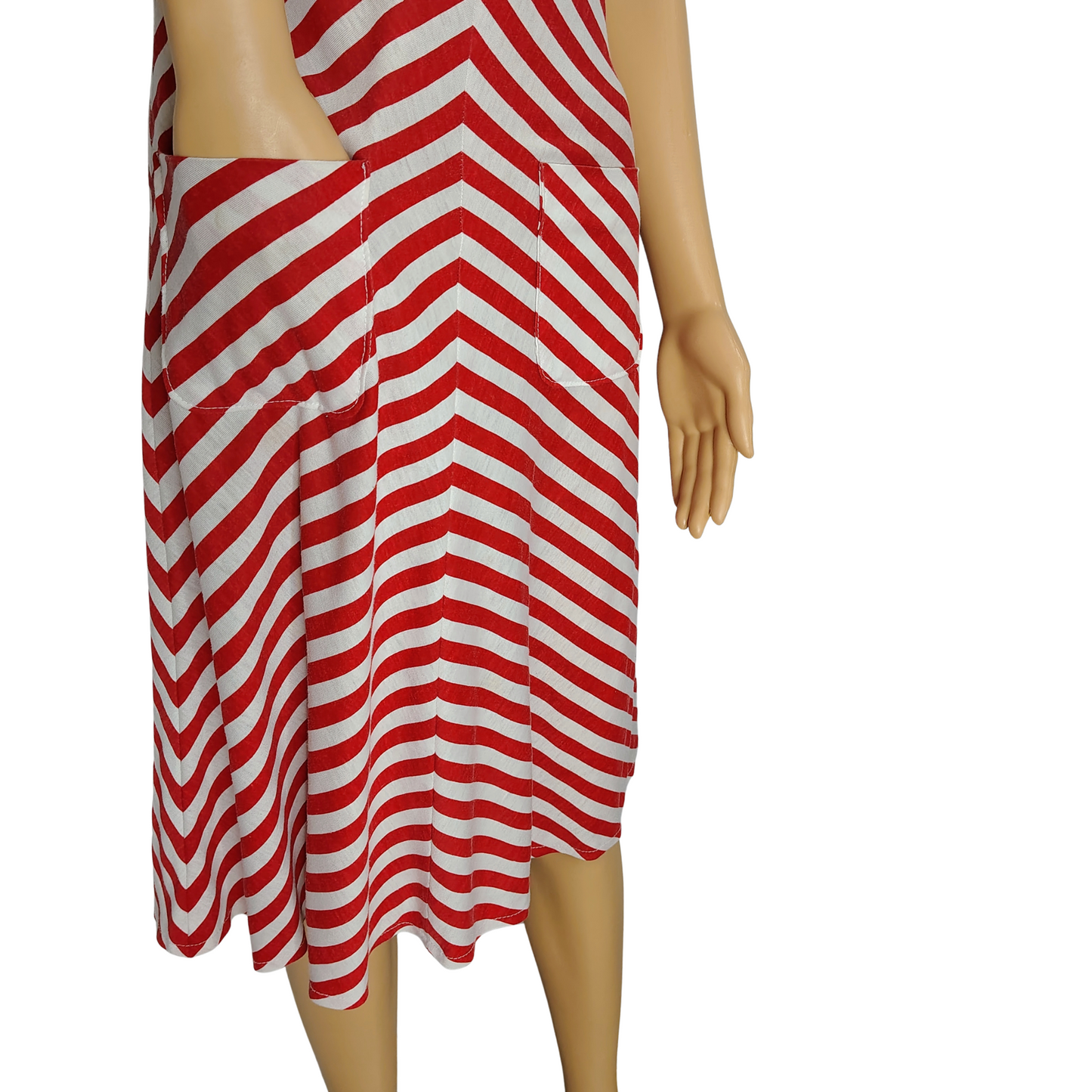 1970s Red White Bodycon Striped Fit Flare Sleeveless V Neck Dress Size Small
