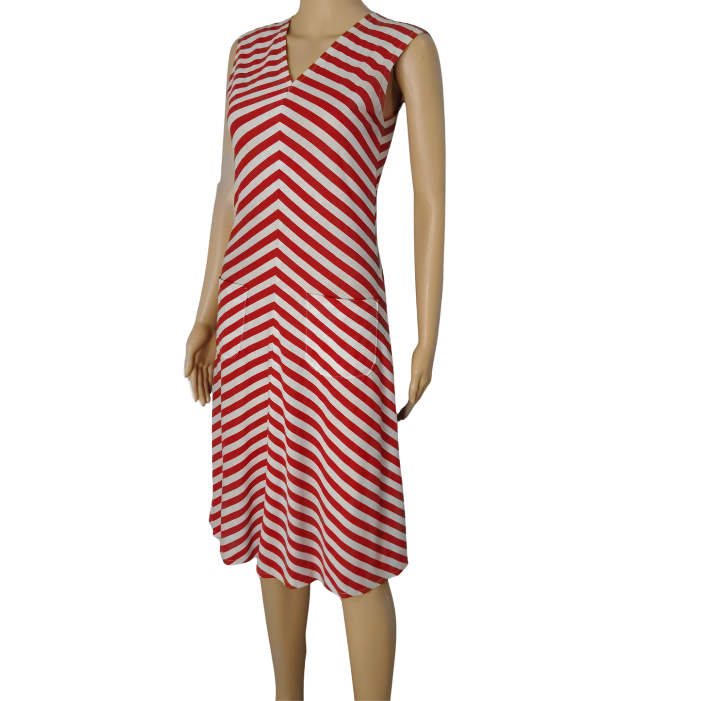 1970s Red White Bodycon Striped Fit Flare Sleeveless V Neck Dress Size Small
