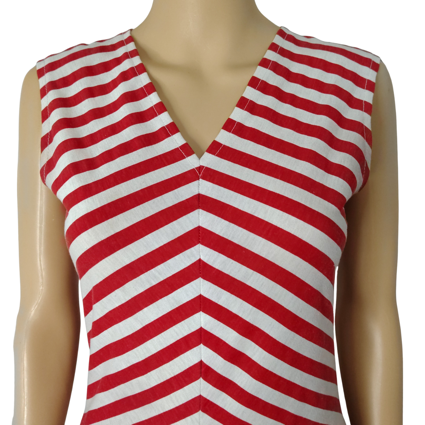 1970s Red White Bodycon Striped Fit Flare Sleeveless V Neck Dress Size Small