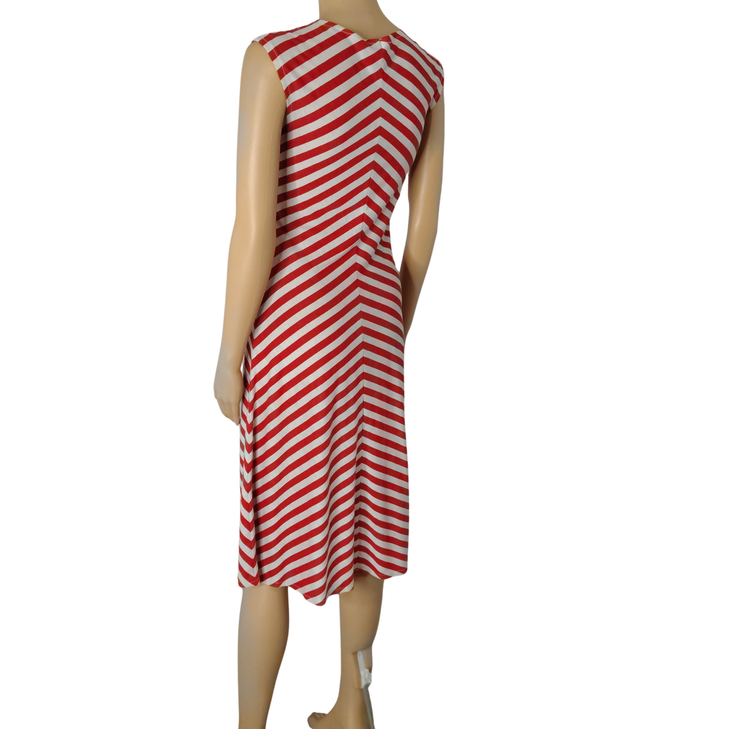 1970s Red White Bodycon Striped Fit Flare Sleeveless V Neck Dress Size Small