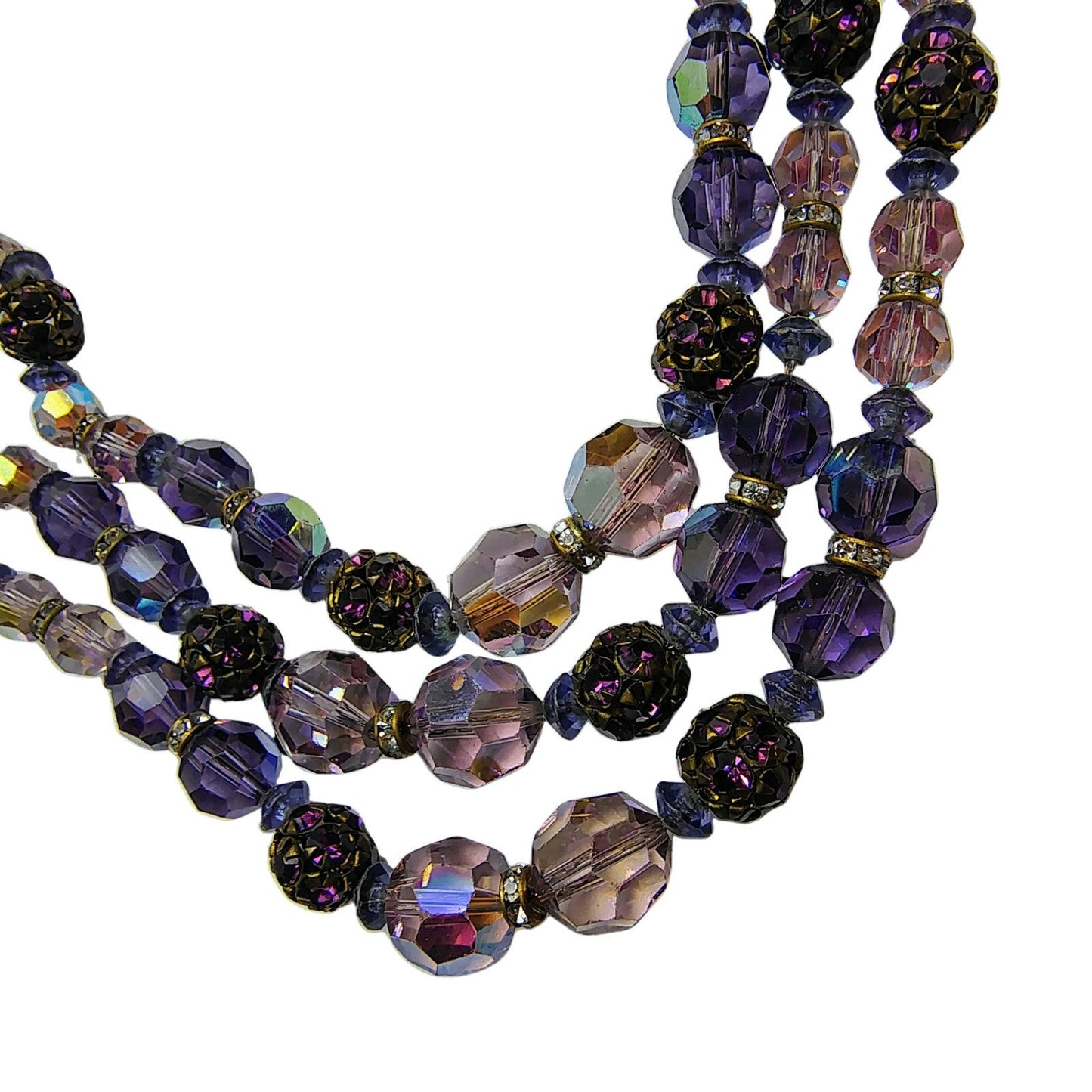 Vintage Beaded Purple Aurora Borealis Triple Strand Layered Statement Necklace