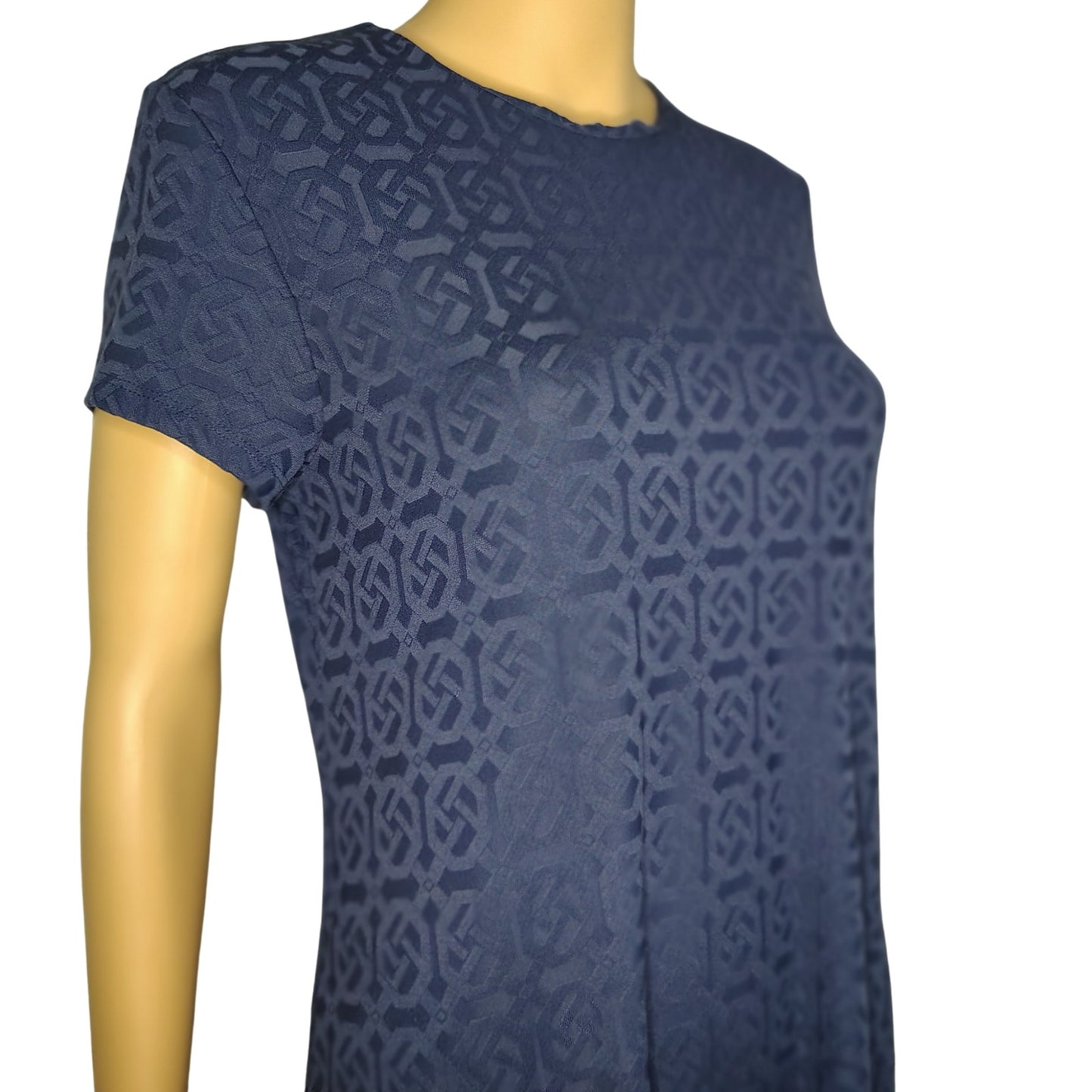 J. McLaughlin Swing Dress in Knot Print Jacquard Short Sleeve Navy Blue Size Small