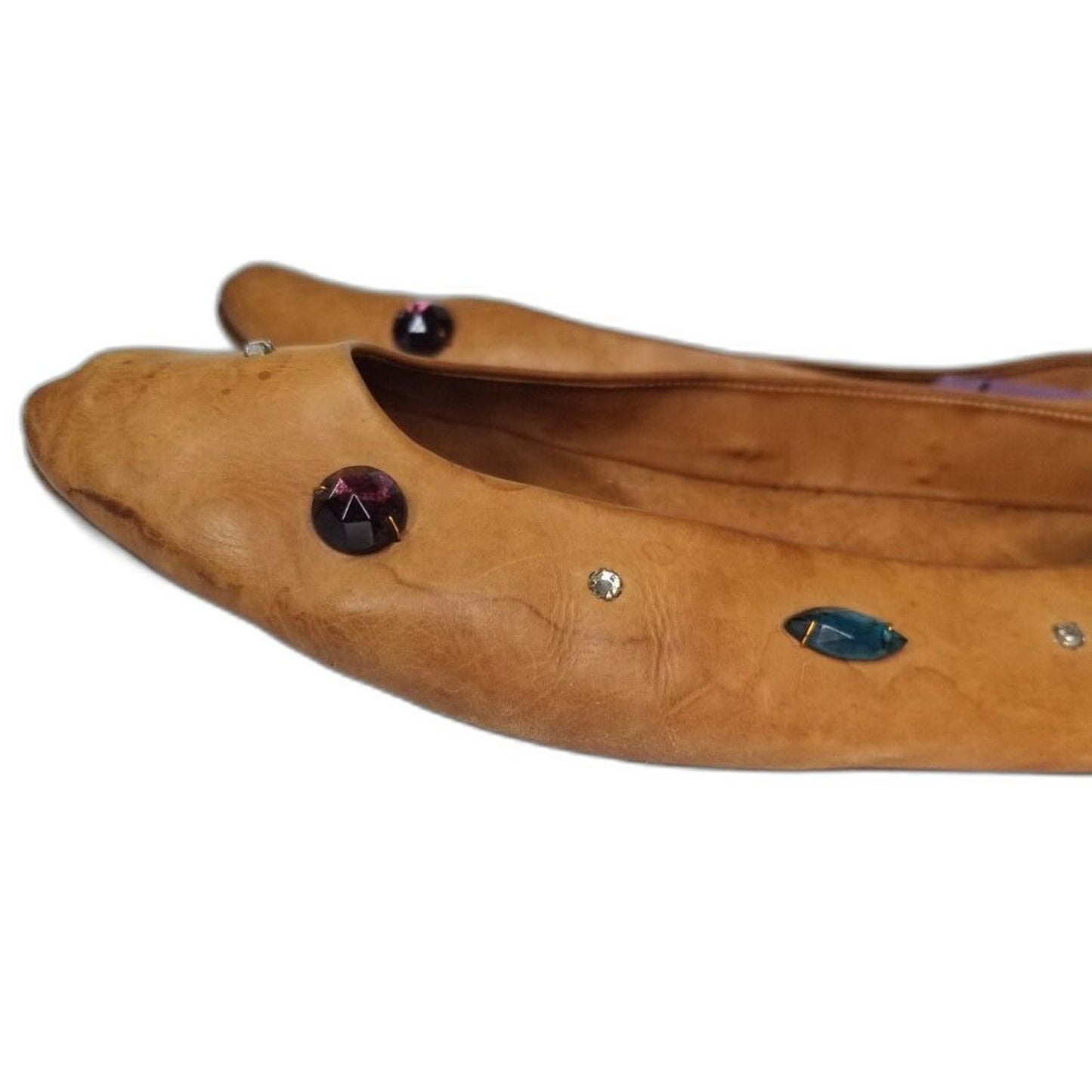 80s Vintage Joan & David Vegetable Tanned Leather Be-jeweled Tan Flats Size 7.5
