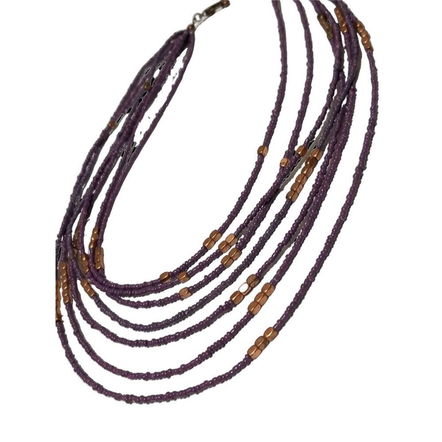 VINTAGE Seven Strand Layered Statement Necklace Purple + Square Copper Beads