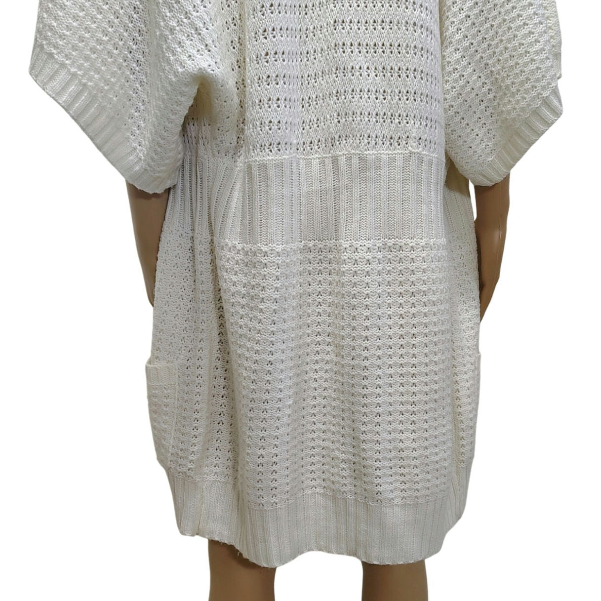 1990s Knit Wool Cardigan Cream Long Boho Open Front Short Sleeve Sweater Size L