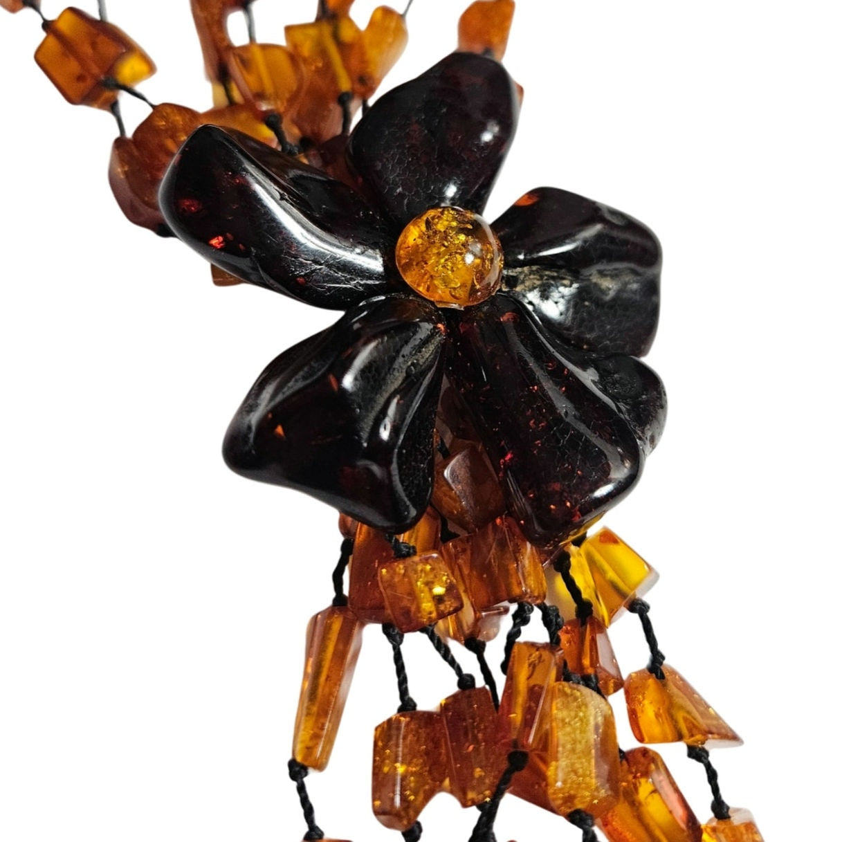 Baltic Amber Flower Statement Necklace Huge Bead Four Strand Tassel Cognac Brown
