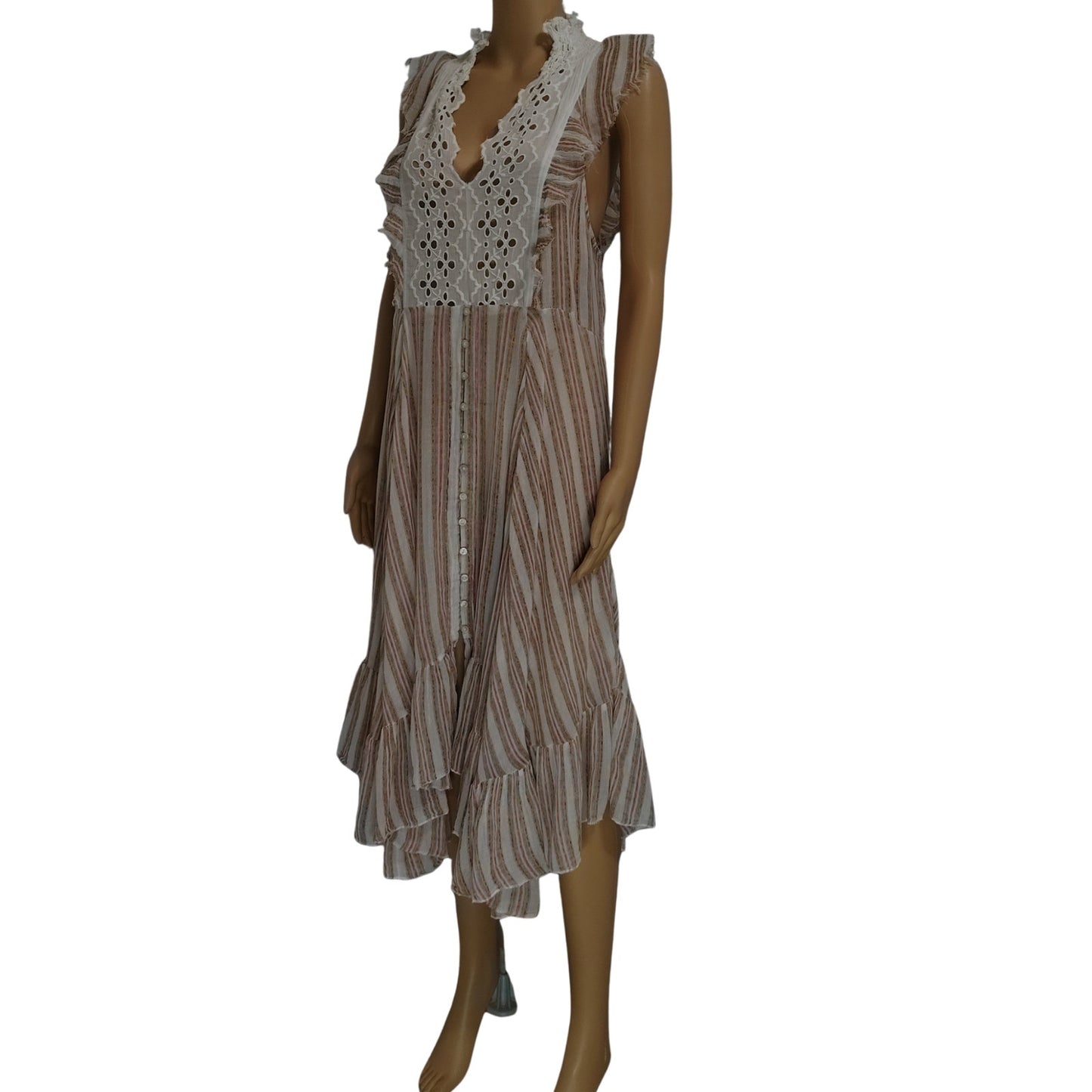 FP One Boho Brown White Flowy Caraway Stripe Sheer Uneven hem Long Dress Size Large
