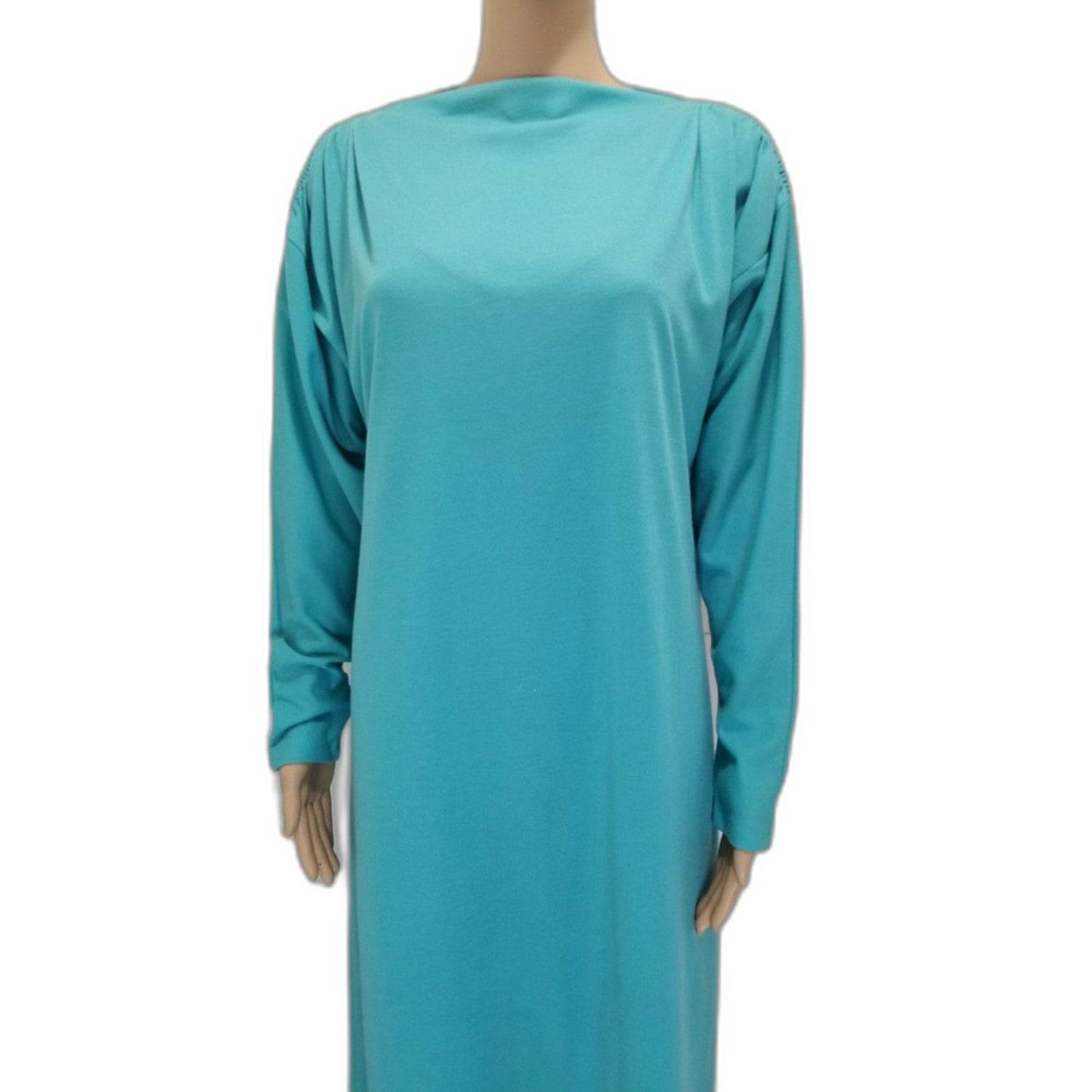 80s Vintage Handmade Long Sleeve Aquamarine High Neck Dress Size Medium