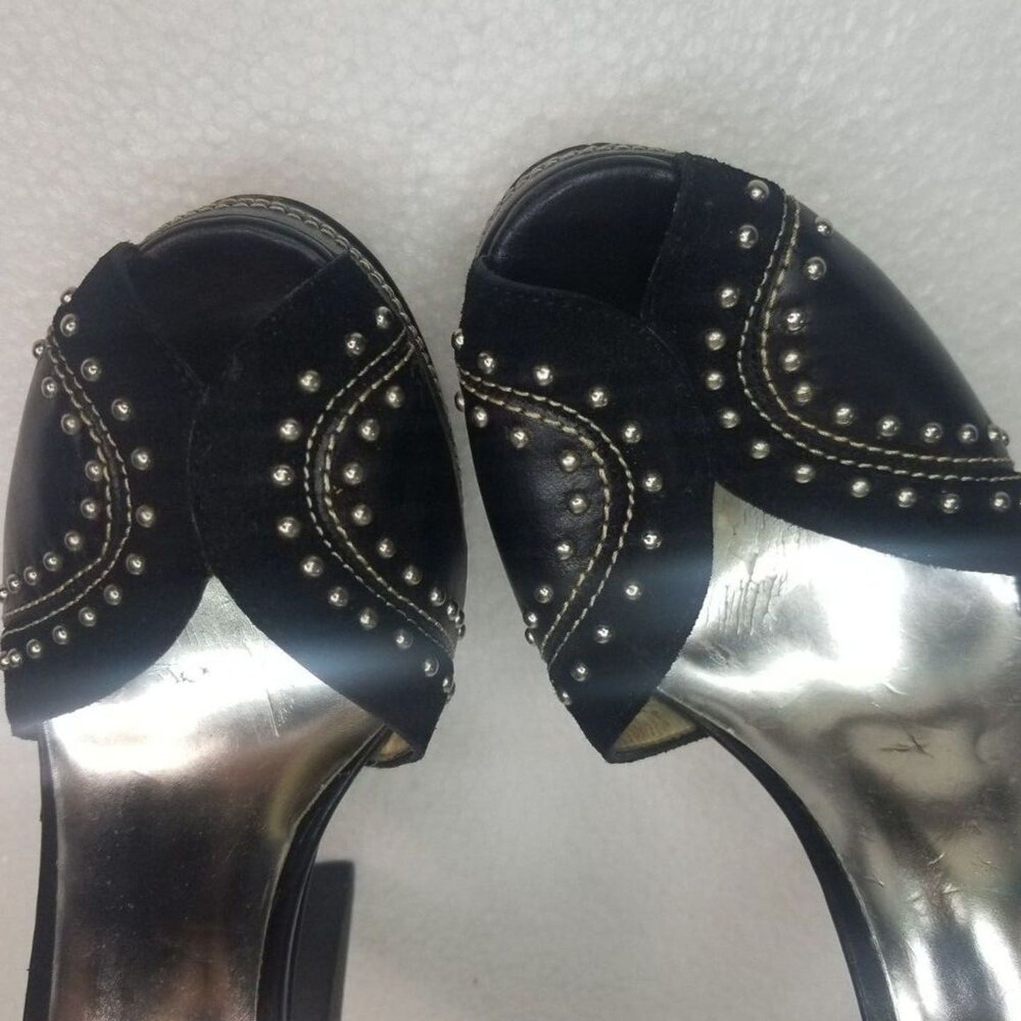 MICHAEL Michael Kors Peep Toe Black Platforms Heels Metal Detail Size 6.5