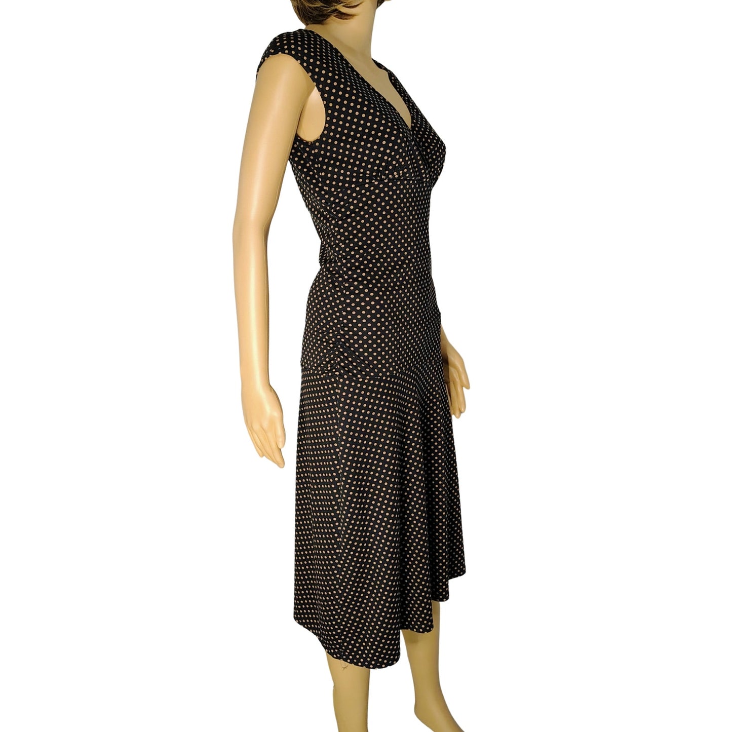 Black with Brown Polka Dots Bodycon Ruched Fit Flare Short Sleeve Dress Size S