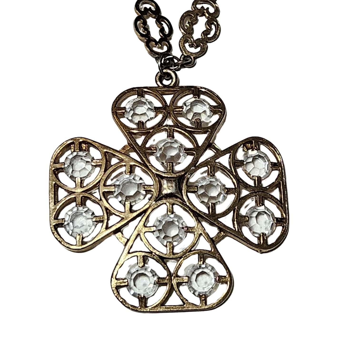 70s Cross Pendant Faceted Stone Metal Framework Ornate Interconnected Chain link