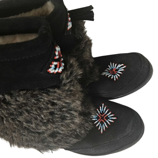 Minnetonka Mukluk Bead Detail Black Genuine Suede Leather Faux Fur Size 7 Womens