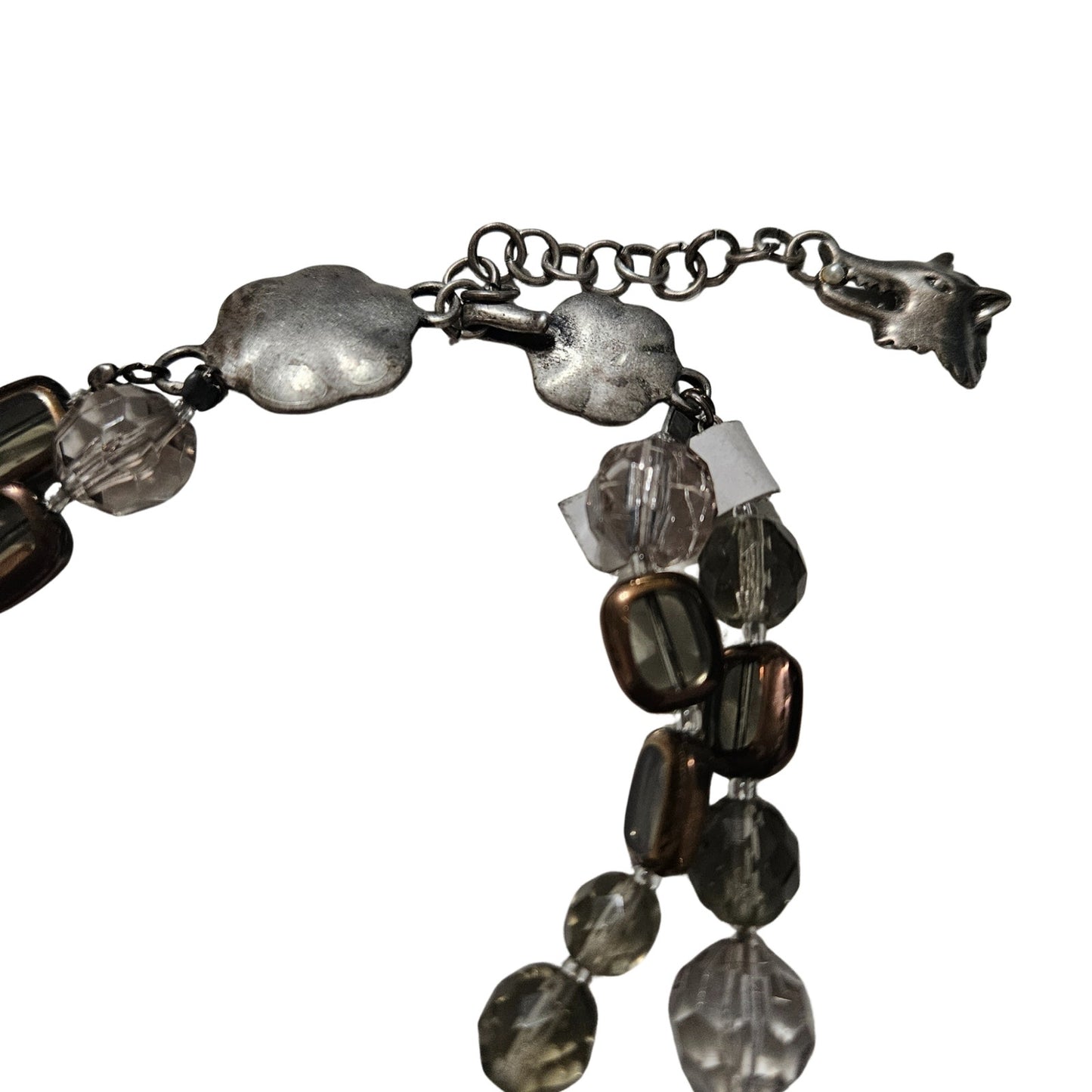 Smoky Bronze Clear Glass Double Strand Beaded Choker Necklace Silver Charms