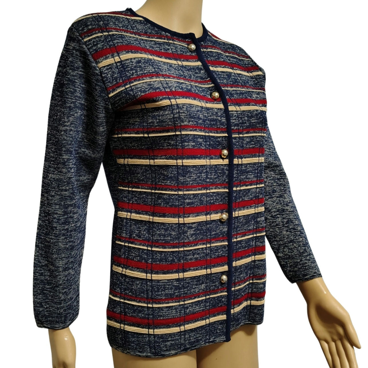 1960s Striped Blue Wool Button Up Cardigan Crewneck Long Sleeve Cardigan Size 12