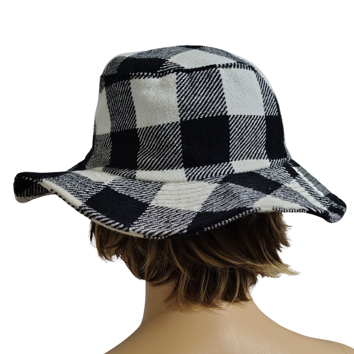 1980s Vintage Black White Plaid Floppy Bucket Hat Wide Brim Size Small
