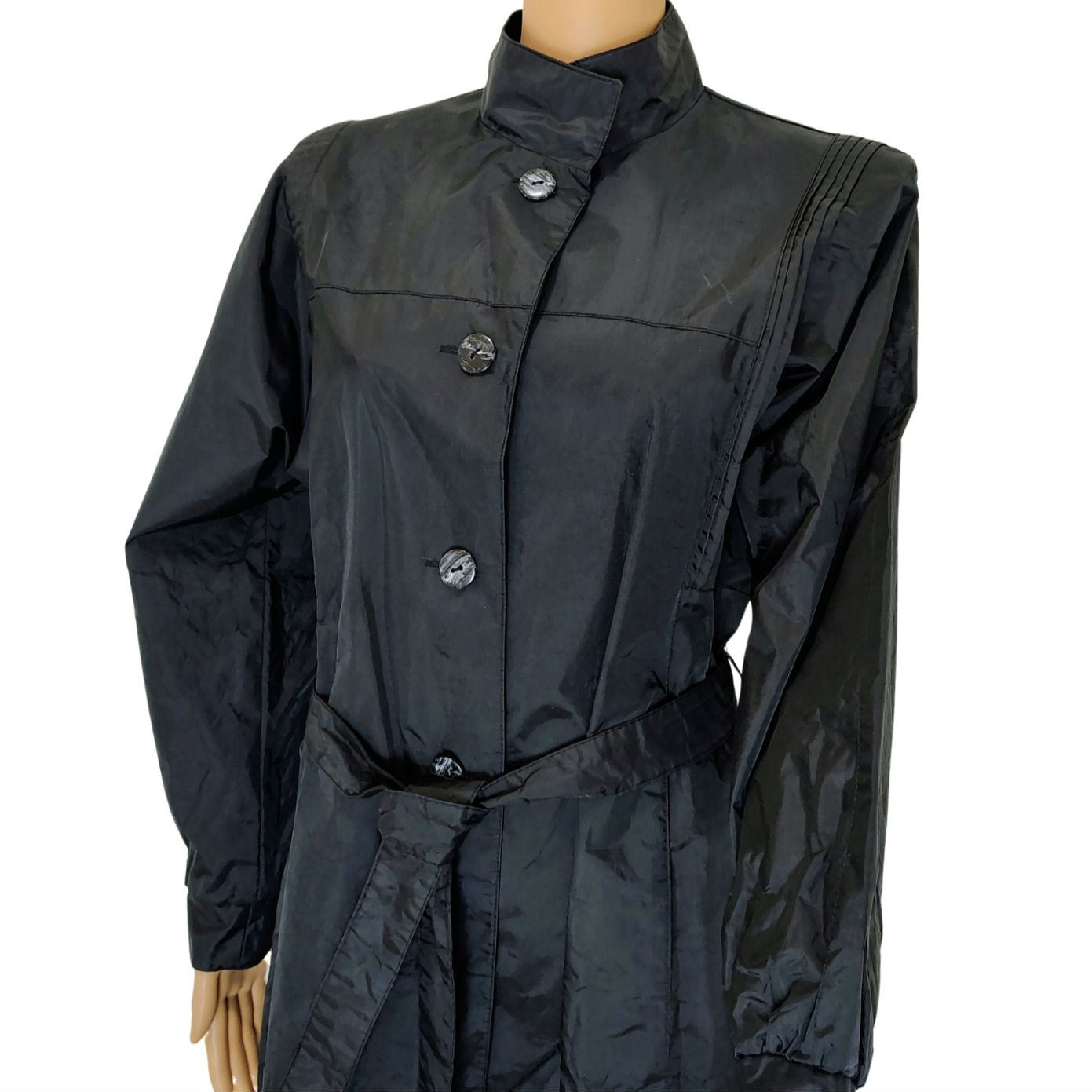 1980s Black Long Rain Jacket Trench Coat Waterproof Rubberized Size 7/8 Medium
