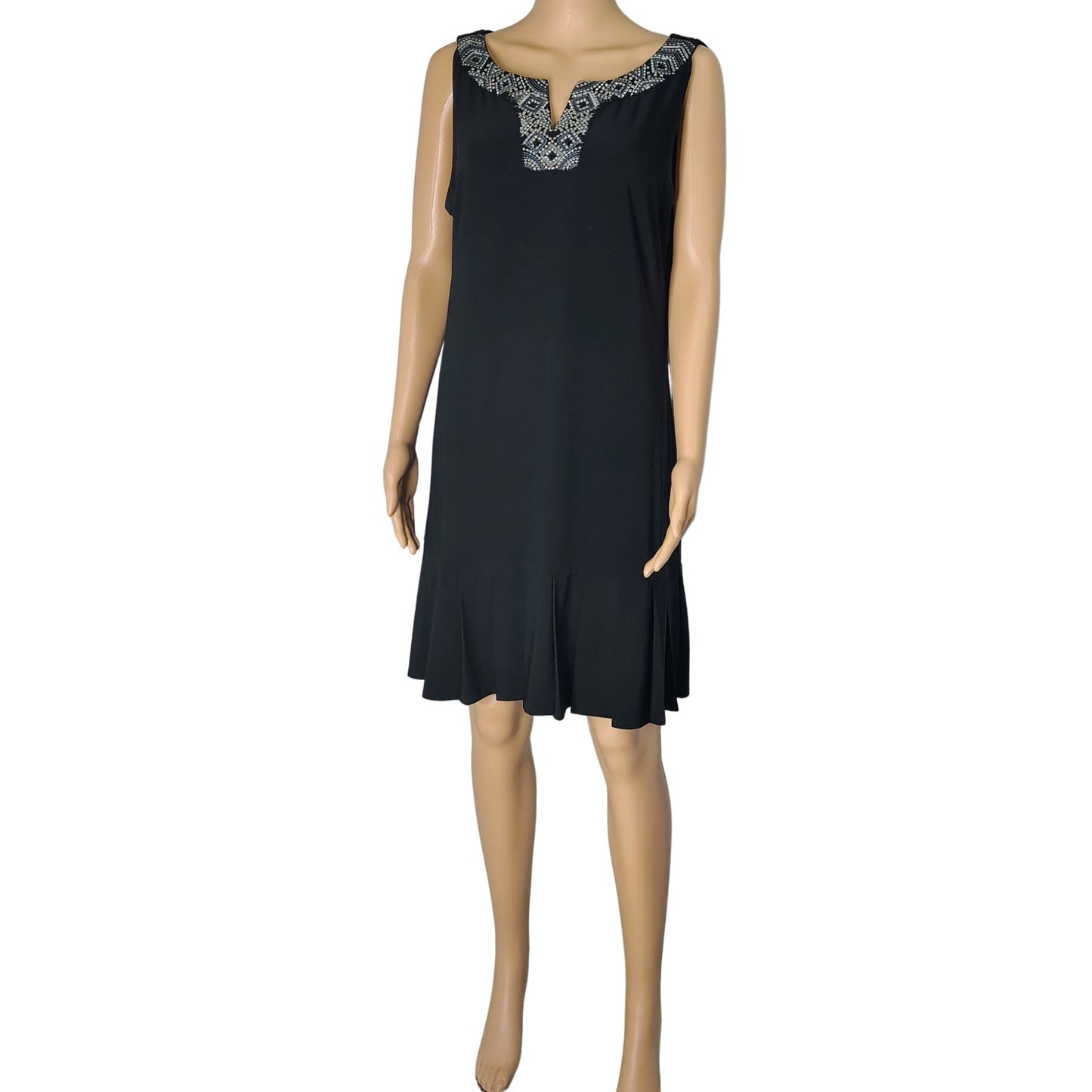 Black Metallic Embellished VNeck Flapper Inspired Pleat Hem Drop Waist Dress
