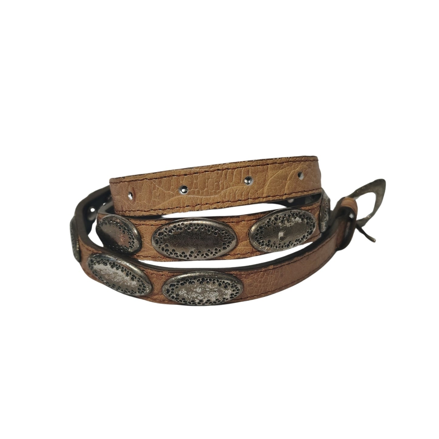 Vintage Tan Western Skinny Concho Belt Silver Tone Rounded Etched Buckle Size L