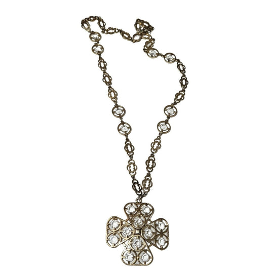 70s Cross Pendant Faceted Stone Metal Framework Ornate Interconnected Chain link