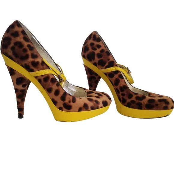 DOLCE & GABBANA Cheetah Platform Heels Yellow Trim Stilettos Size 8.5
