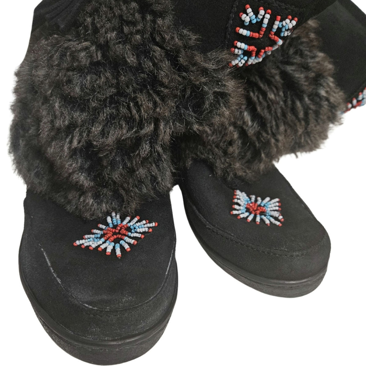 Minnetonka Mukluk Bead Detail Black Genuine Suede Leather Faux Fur Size 7 Womens