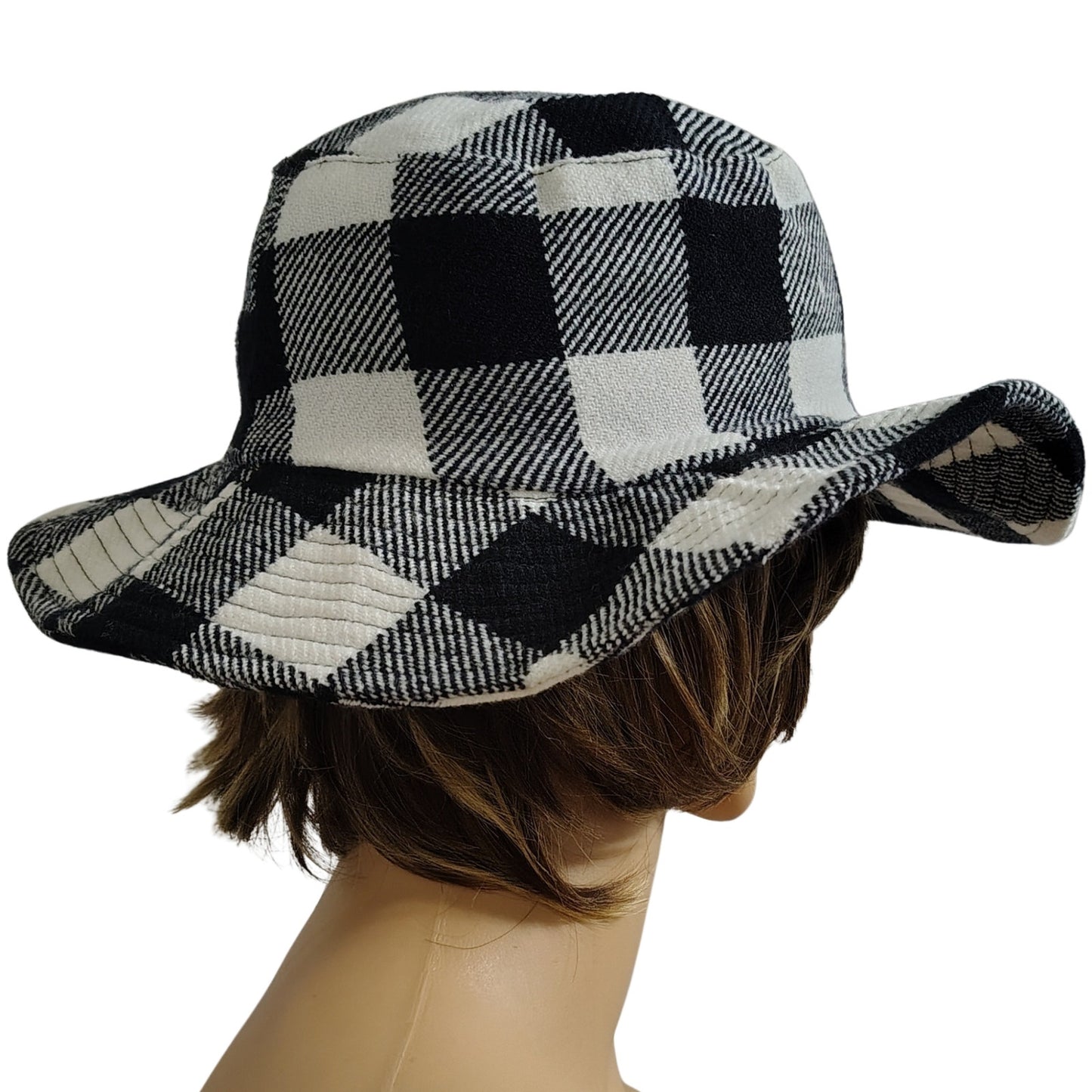 1980s Vintage Black White Plaid Floppy Bucket Hat Wide Brim Size Small