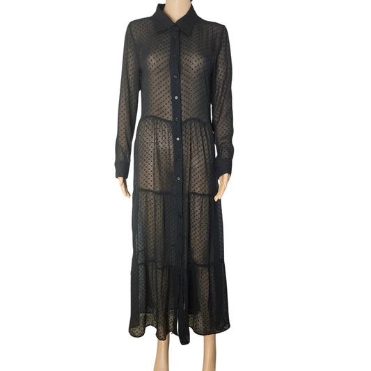 Black Sheer Polka Dot A Line Button Up Collar Shirt Dress Size 8 US 40 EUR