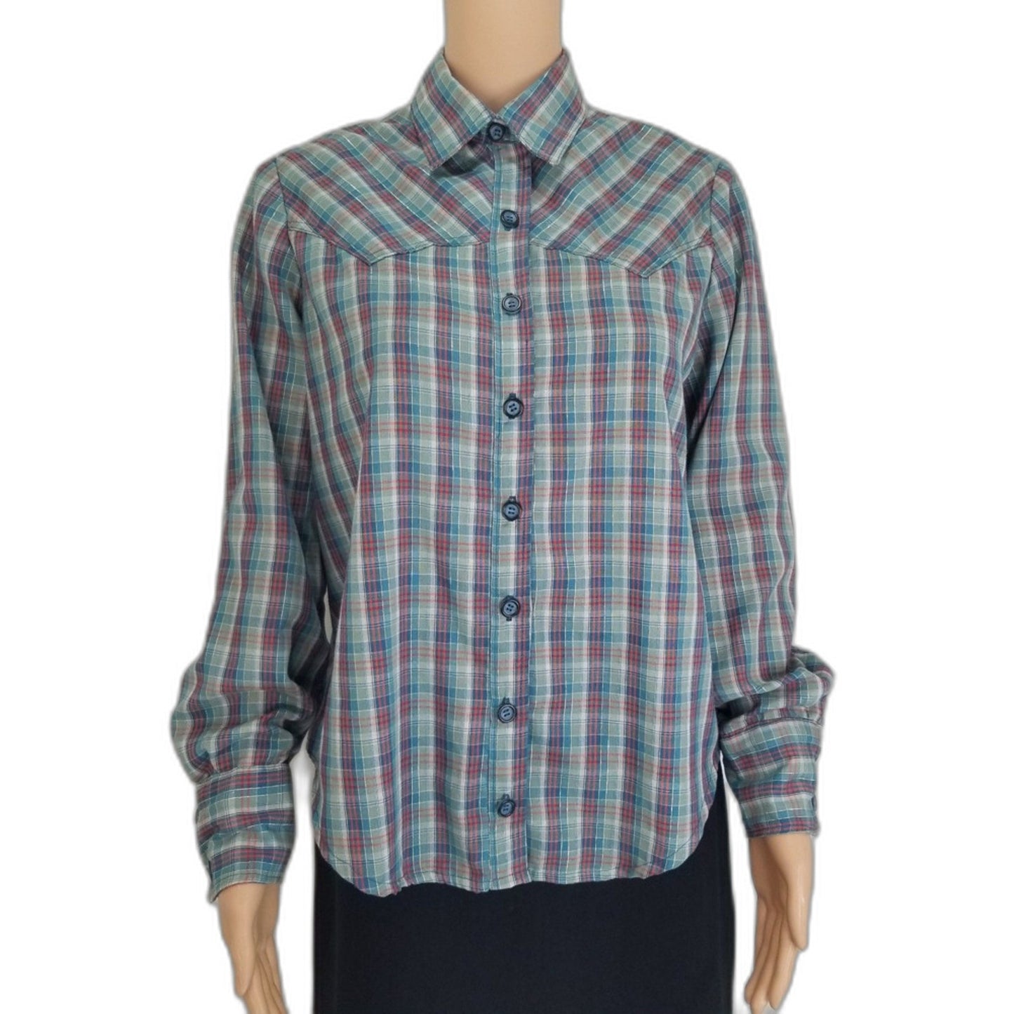 Metallic Shimmer Blue Vintage Western Cowboy Cowgirl Plaid Button Up Shirt Med