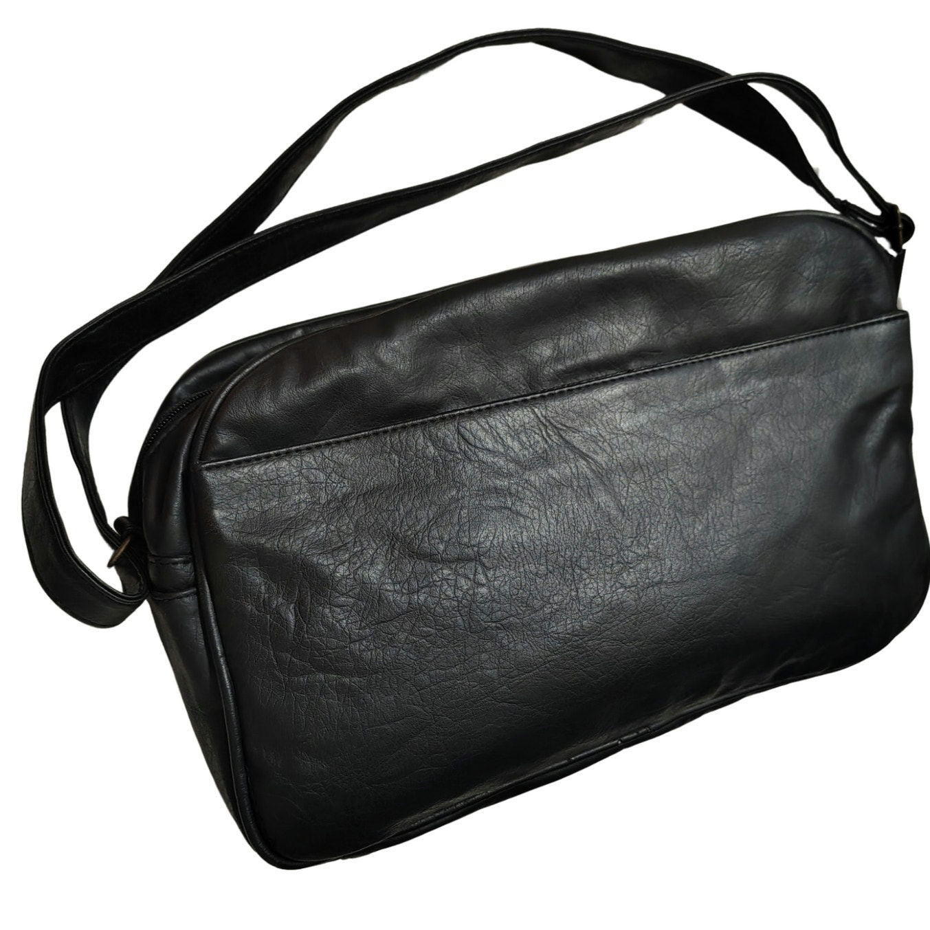 80s Black Faux Leather Crossbody Tote Medium Size Adjustable Hook Loop Closures