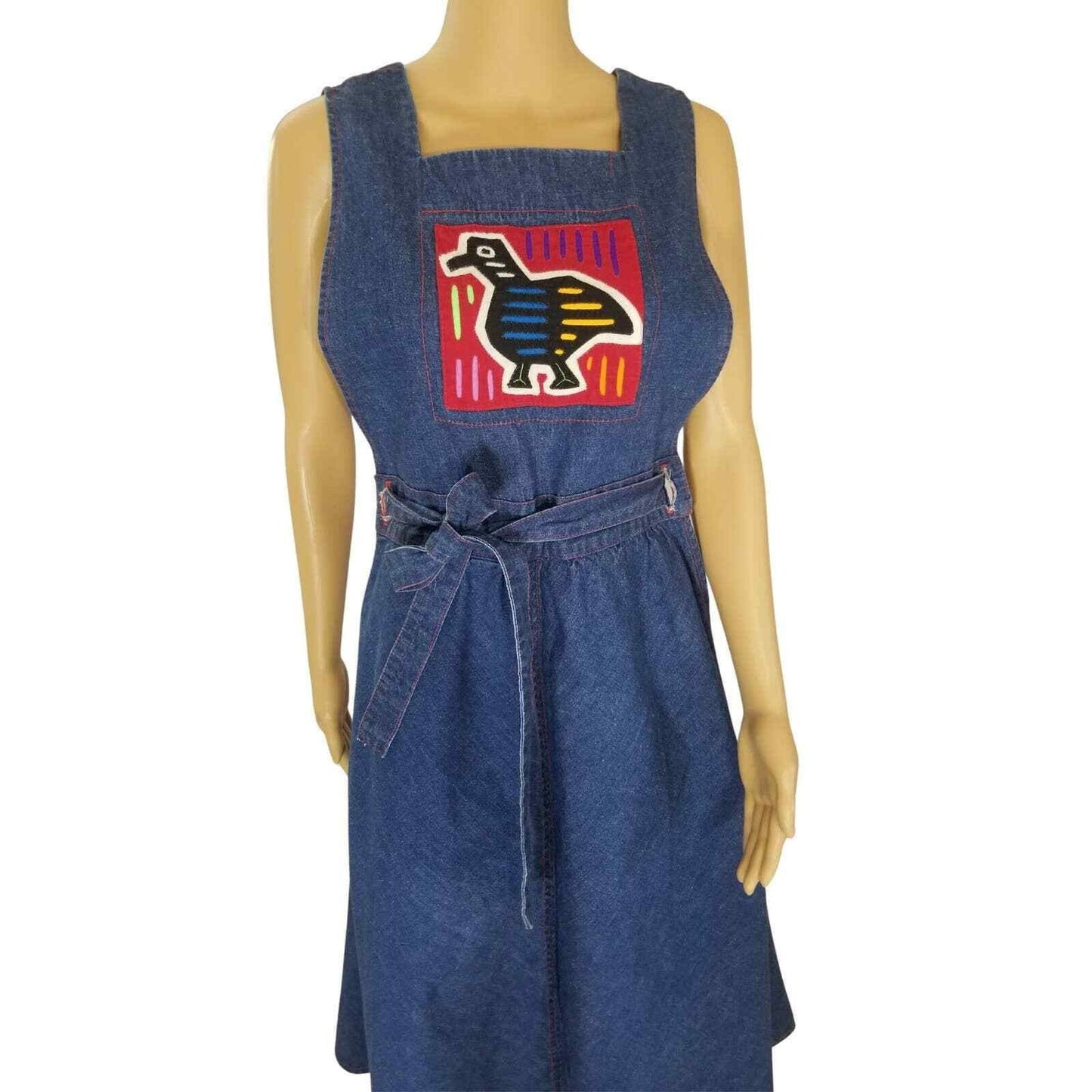 Blue Jean Crossroads Bird Patch Midi Jean Belted Fit Flare Tank Dress Size Large