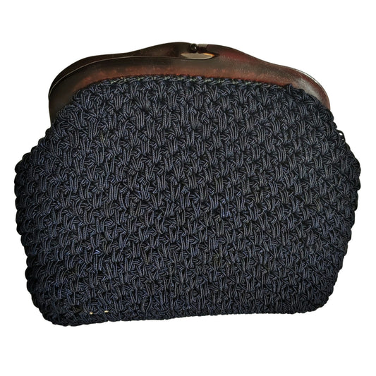 1960s Small Crocheted Navy Blue Handbag ADG Lucite Kiss Closure Top Frame Lined