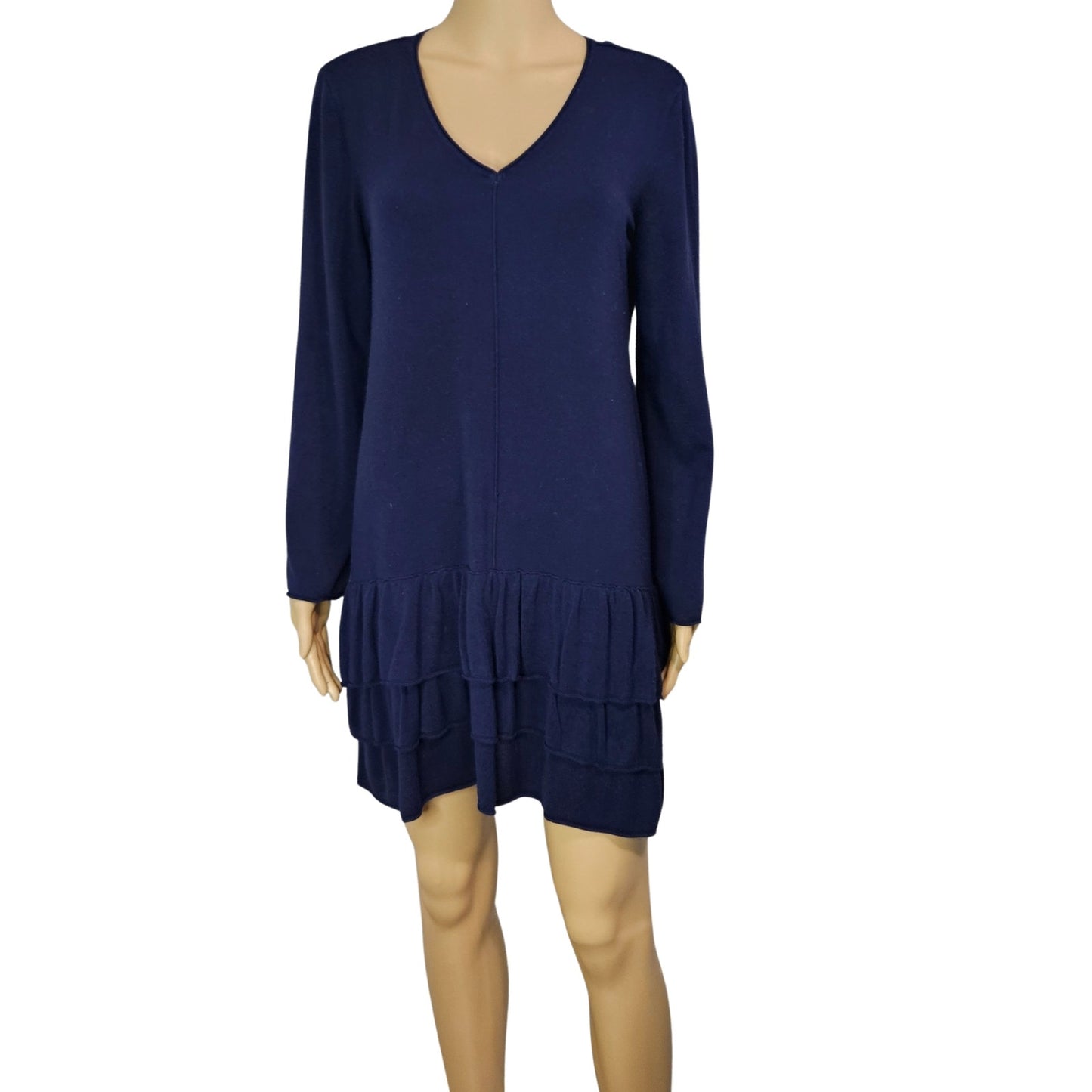 Style & Co. Knit Tunic Top Short Mini Vneck Navy Blue Drop Ruffle Hem Dress SZ M